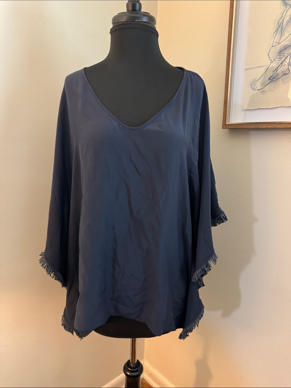 Marie Oliver | 100% Silk Navy Fringe Trim Madison Tunic-Size Large